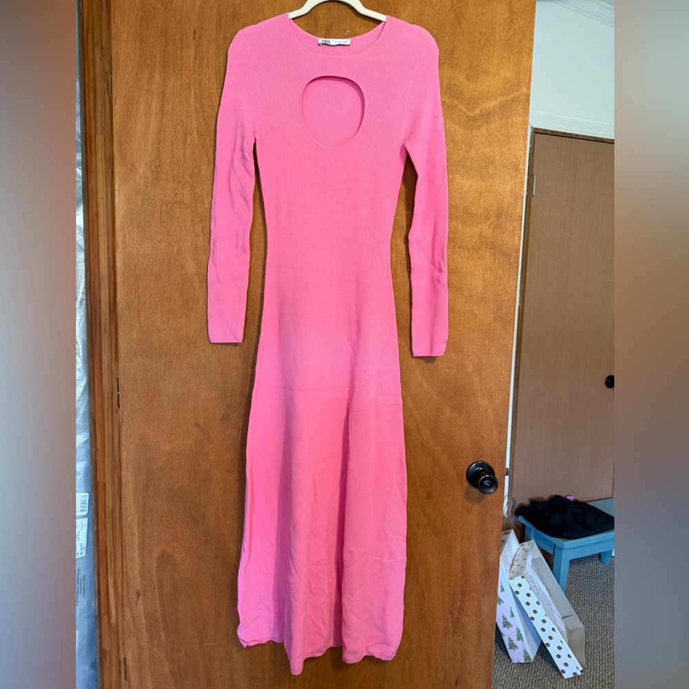 Zara Long Sleeve Maxi Dress in Bright Pink with Front Cutout